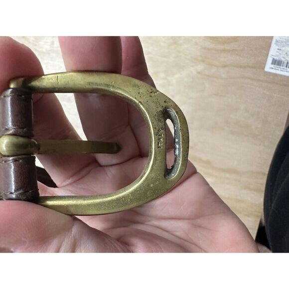 Brown Leather Belt Stamped “Italy” On Brass Buckle Medium M 34” - Picture 3 of 8